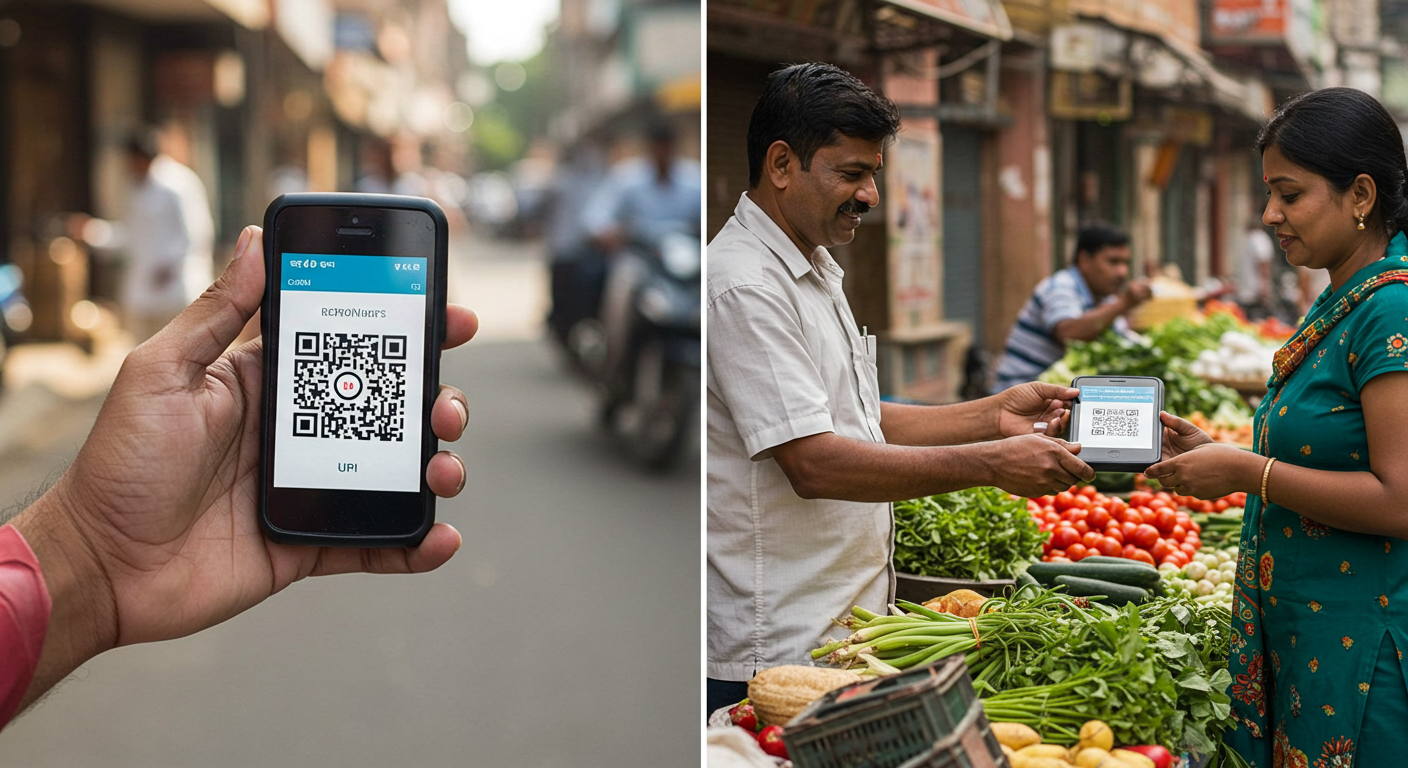 A customer making a transaction to a street vendor using a QR code, showing the impact of UPI digital payments in India.