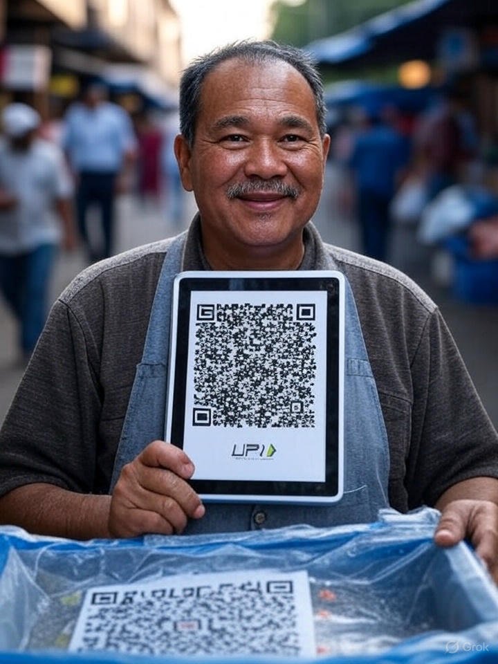 A customer making a transaction to a street vendor using a QR code, showing the impact of UPI digital payments in India.