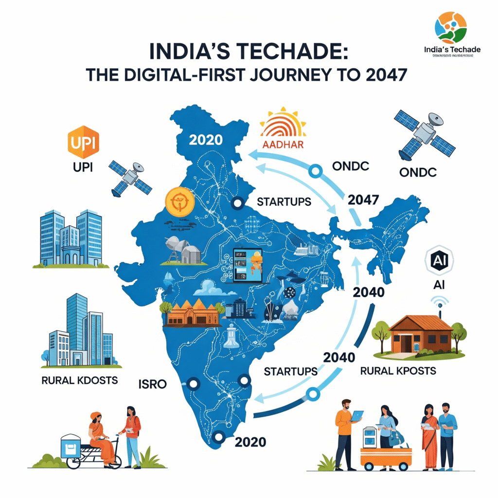 Infographic explaining the India's Techade vision, showing its three main pillars: Digital Public Infrastructure (DPI), economic democratization, and frugal innovation.