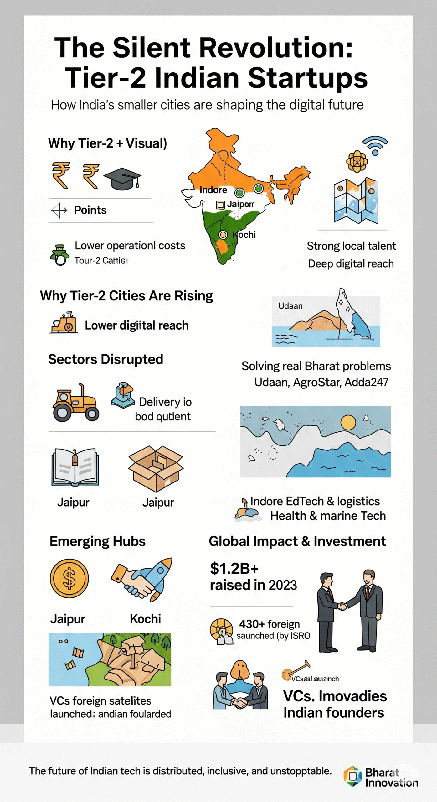 Infographic showing how Indian startups in Tier-2 cities like Indore, Jaipur, and Kochi are transforming the tech landscape through frugal innovation, lower costs, regional talent, and digital reach.