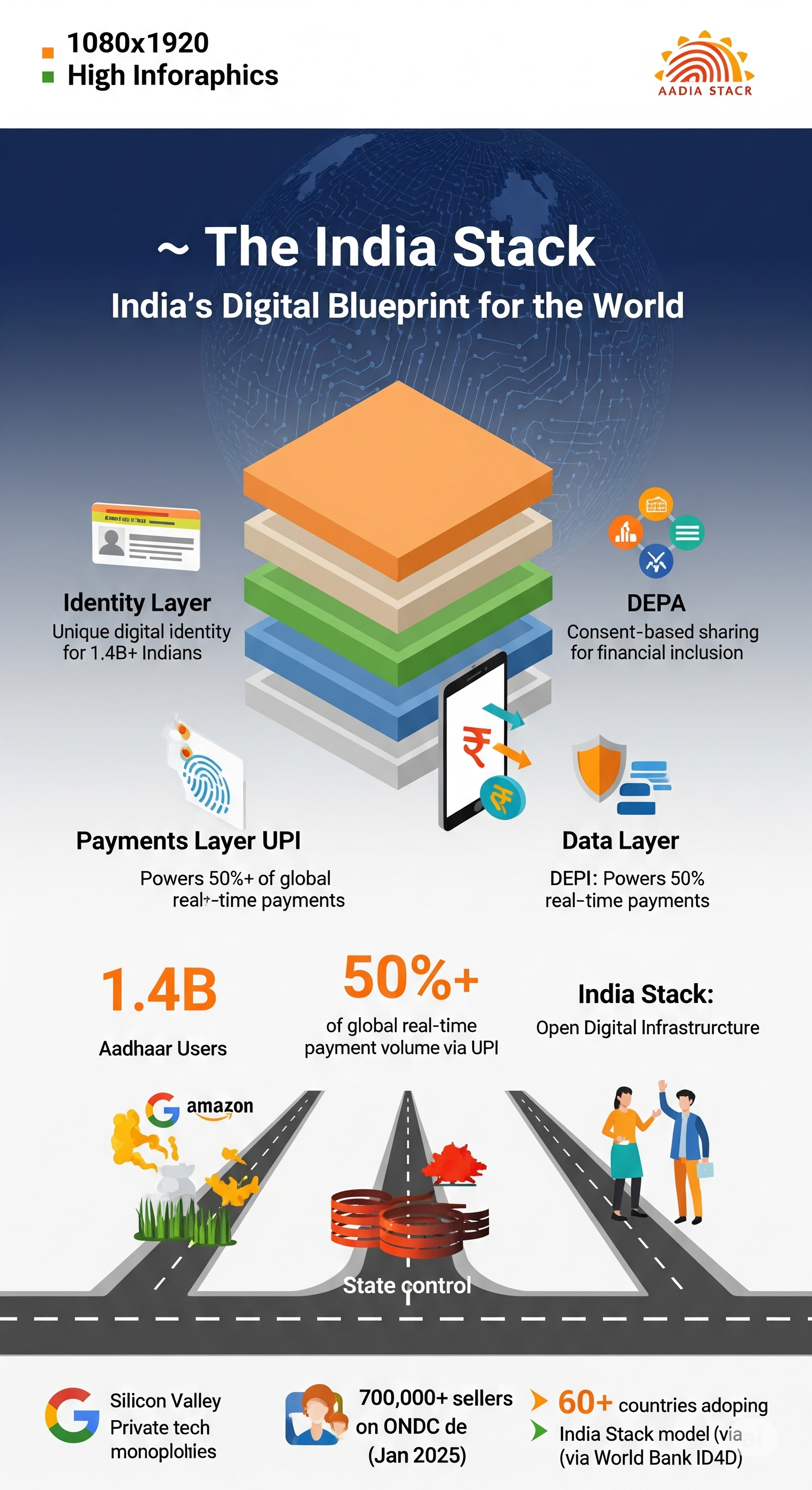 Conceptual graphic illustrating the layers of the India Stack, the digital public infrastructure revolutionizing India's economy.