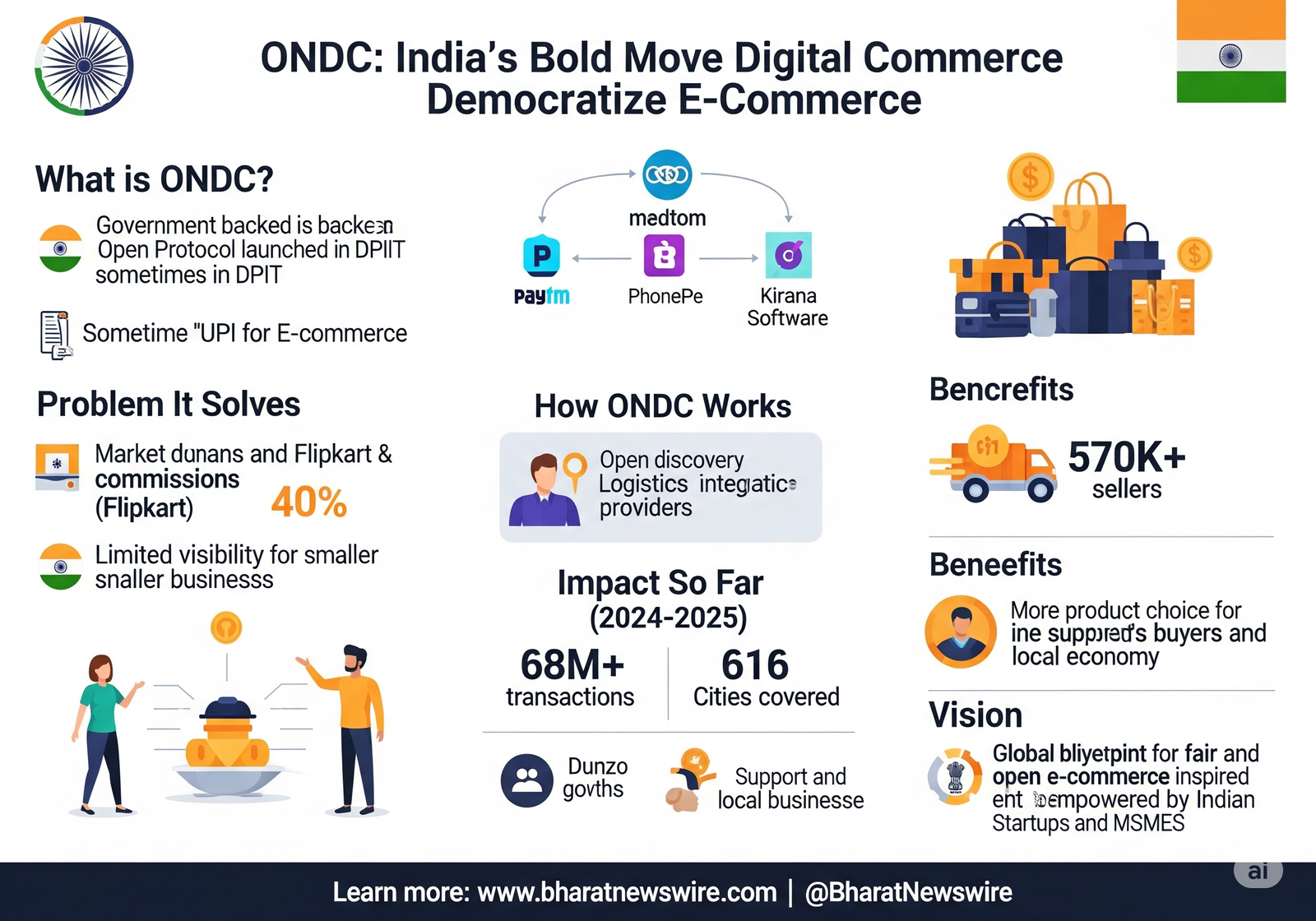 Infographic explaining how ONDC India is democratizing e-commerce by connecting buyers and sellers on an open network.